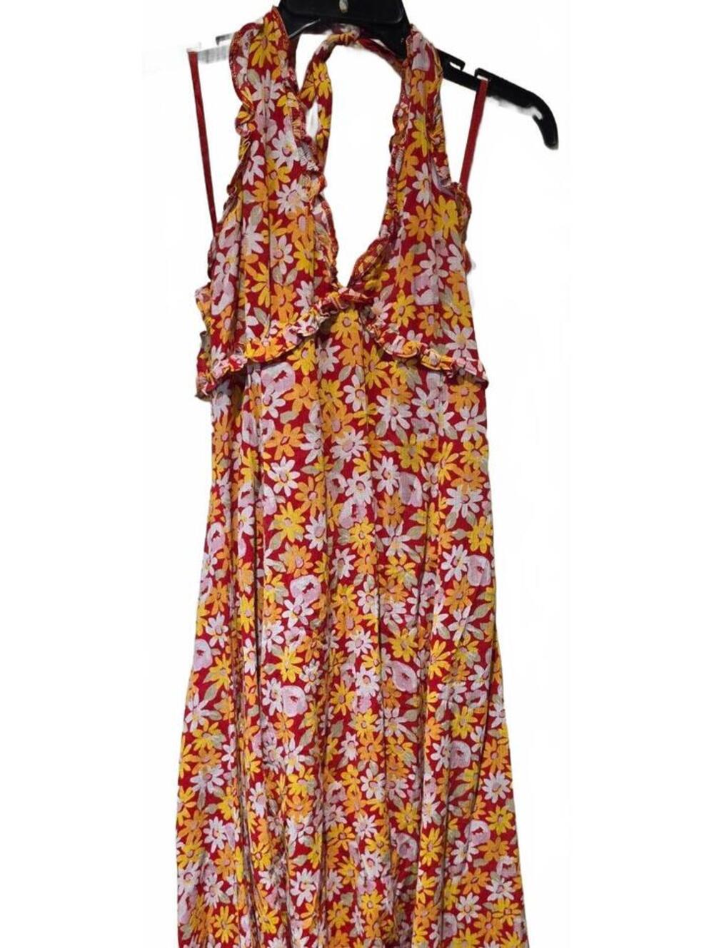 Anthropologie Odille Vintage Y2K Red Yellow Floral Daisy Halter Dress Size 6